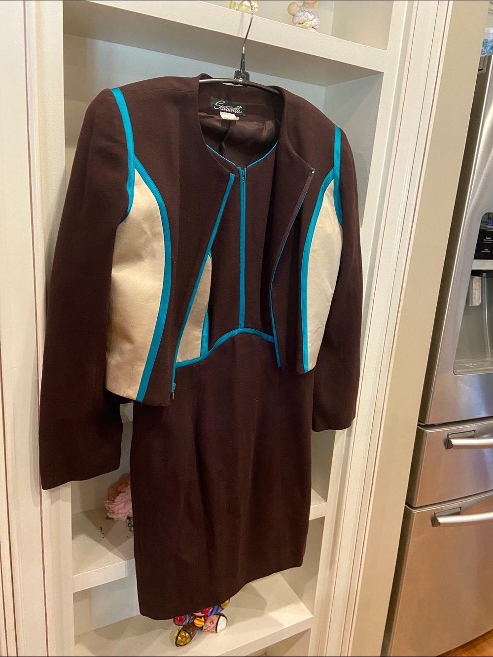 Vintage 2 piece Scaravelli Brown Dress & Jacket Set with Turquoise Trim wool 10